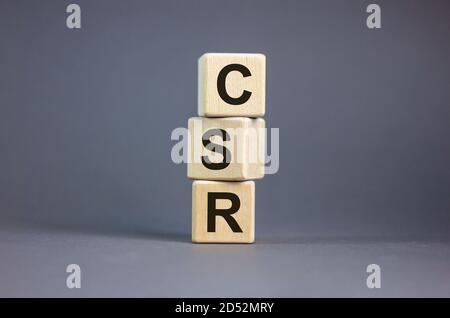 Konzeptworte "CSR, Corporate Social Responsibility" auf Kuben auf einem schönen grauen Hintergrund. Geschäftskonzept. Speicherplatz kopieren. Stockfoto