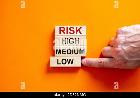 Holzklötze bilden die Wörter 'Risiko, hoch, mittel, niedrig' auf orangefarbenem Hintergrund. Männliche Hand. Schöner Hintergrund. Geschäftskonzept. Stockfoto