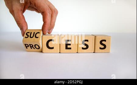 Hand dreht einen Würfel und ändert das Wort "Erfolg" in "Prozess". Schöner weißer Hintergrund, Kopierbereich. Geschäftskonzept. Stockfoto