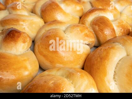 Weiße Hefebrotbrötchen in Knotenform. Traditionelles Schweizer Butterbrot namens Zopf oder Challah. Nahaufnahme von einzelnen geflochtenen Knotenrollen. Stockfoto