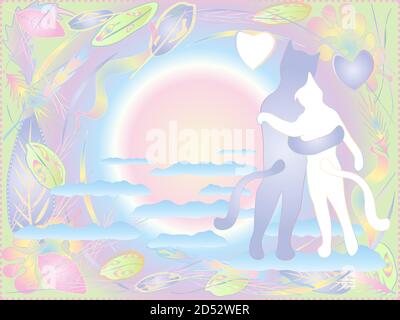 Zarte Postkarte für Liebhaber. Niedliche Katzen umarmen auf den Wolken. Fertige Vorlage für Druck oder Design in weichen hellen Farben. Stockfoto