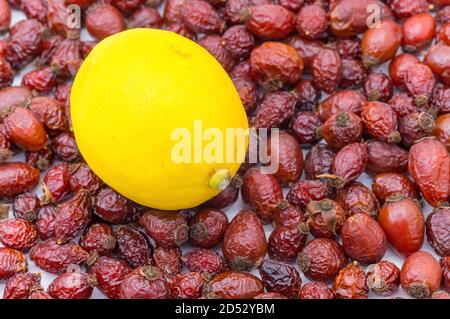 Getrocknete Hagebutte und Zitrone, Vitamin C in Zitrone und Hagebutte, gelbe Zitrone und Hagebutte Stockfoto