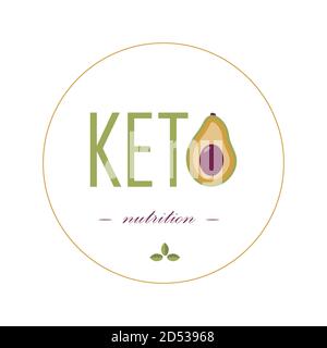 Das Logo und Emblem der ketogenen Ernährung, ketogene Ernährung. Kreis mit den Wörtern Keto und Avocado. Ein Zeichen für eine fettreiche Ernährung und gesunde Ernährung. Ein Zeichen für eine Anzeigenwebsite oder einen Shop. Stock Vektor