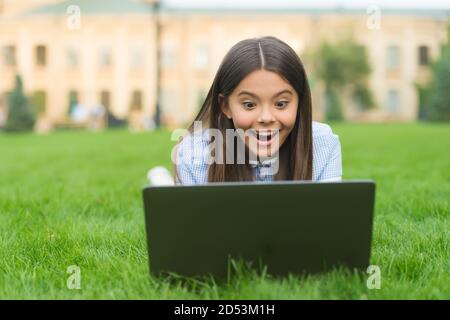Überrascht Teenager Mädchen im Park auf grünem Gras auf dem Schulhof entspannen, Computer sucht Konzept. Stockfoto