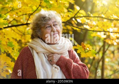 Glücklich lächelnde ältere Frau, 80 Jahre alt, in einem Herbstpark Stockfoto