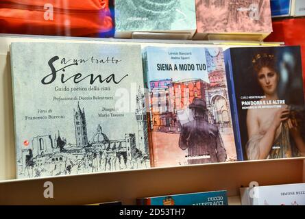 Nahaufnahme eines Buchladens mit Reisebüchern, die der Altstadt von Siena, Toskana, Italien gewidmet sind Stockfoto