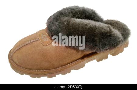 Schwarz und braun, unscharf, Leder ugg Pantoffel auf weißem Hintergrund fotografiert Stockfoto