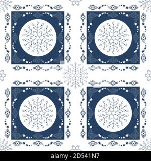 Nahtloses Muster weihnachten Thema. Hübsche Schneeflocken und Friese mit Sternen. Blau und weiß. Vektorgrafik. Stock Vektor