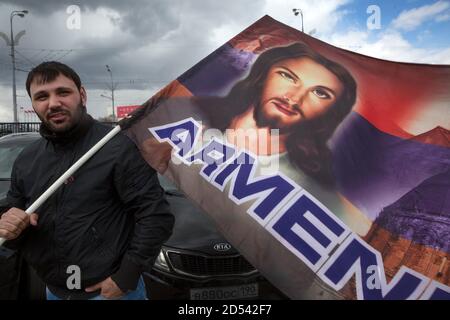 Moskau, Russland. April 2015. Ethnische Armenier begehen den 100. Jahrestag des Völkermords an den Armeniern im Osmanischen Reich Stockfoto