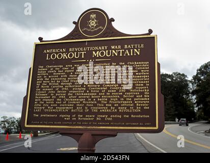 Amerikanische revolutionäre Kriegsschlacht an historischer Markierung in der Nähe von Ruby Falls, Lookout Mountain Tennessee Stockfoto