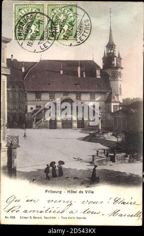 Fribourg Freiburg Stadt Schweiz, Hotel de Ville, Blick auf Rathaus, Brunnen Stockfoto