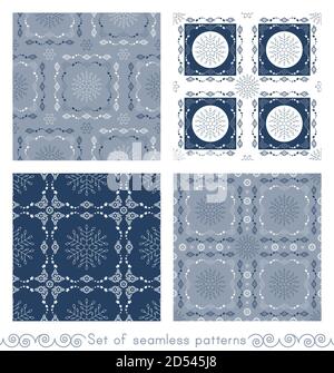 Satz von nahtlosen Mustern. Weihnachtsthema. Schneeflocken und Friese mit Sternen. Hübsche Farben Eisblau, Blau und Weiß. Vektorgrafik. Stock Vektor