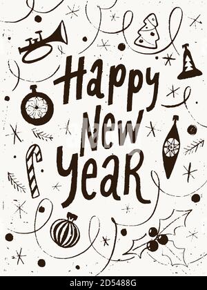 Vektor Happy New Year Vektor-Poster mit Winter-Symbole und Beschriftung Stock Vektor