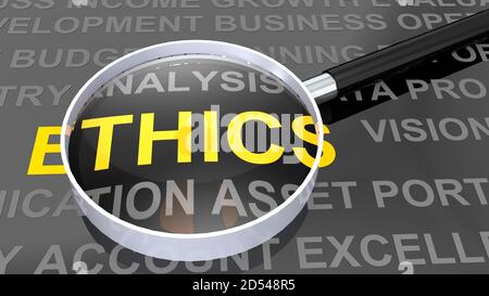Lupe mit Ethik-Wort, 3d-Rendering Stockfoto