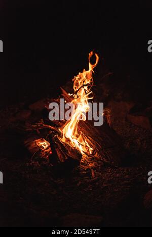 Nahaufnahme der Flammen eines Lagerfeuers, das sich um brennendes Holz rollt. Stockfoto