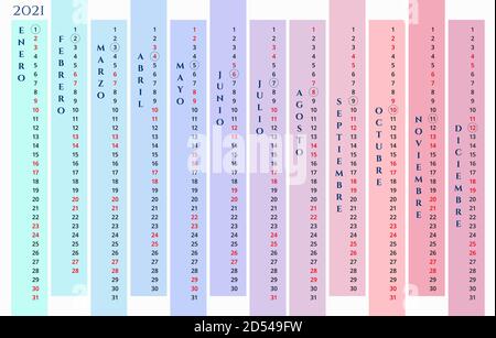 Spanische Kalender 2021 Vorlage. Neues Jahr 2021. Vertikale Monate. Vektor Wandkalender Stock Vektor