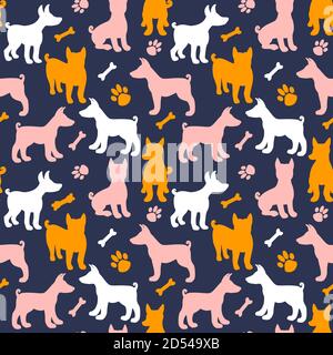 Nahtloses Muster mit Dog Silhouette. Oberflächengestaltung Textur über Hunde Rasse Basenji. Vektor-Illustration Farbe Form auf dunkelblauem Hintergrund Stock Vektor