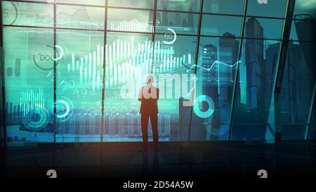 Geschäftsmann arbeitet mit Big Data im virtuellen Raum. Stockfoto