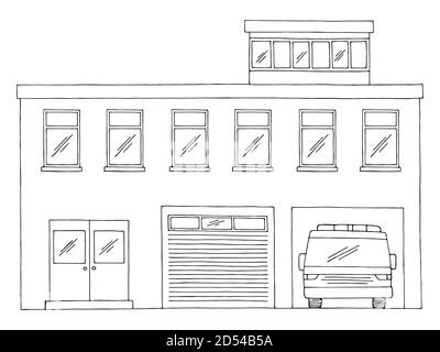Feuerwehr Außenansicht Gebäude Frontansicht Grafik schwarz weiß isoliert Vektor der Skizzendarstellung Stock Vektor