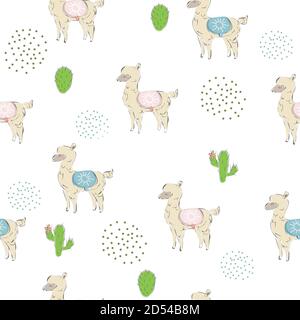 Cute nahtlose Muster mit Hand gezeichnet Paar von Alpakas. Valentinstag Urlaub. Zarte süße Design auf weißem Hintergrund. Ideal für Karten, Dekor, sw Stock Vektor