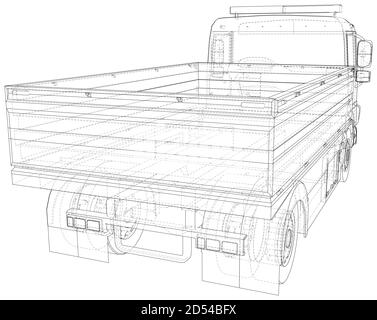 Vektorgrafik Flachbett-LKW. Drahtrahtzeile isoliert. Vektorrendering von 3d Stock Vektor