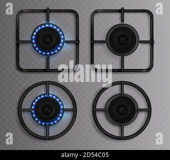 Gasbrenner mit blauer Flamme. Küchenherd mit beleuchtet und off-Kochfeld. Vector realistische Satz von Kreis und Quadrat schwarzen Stahlrosten und Brenner auf Backofen für Kochen Draufsicht isoliert auf transparentem Hintergrund Stock Vektor