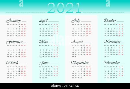 2021 Kalender auf Englisch. 12 Monate. Sonntage und samstage sind rot markiert. Die Woche beginnt am Montag. Stock-Vektor. Horizontales Poster, Banner Stock Vektor