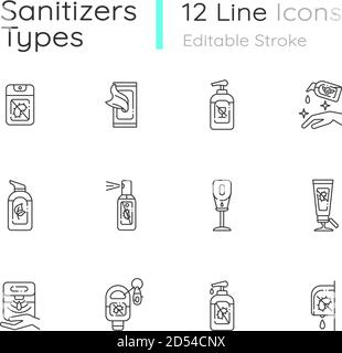 Lineare Symbole für Desinfektionsmittel-Typen eingestellt Stock Vektor