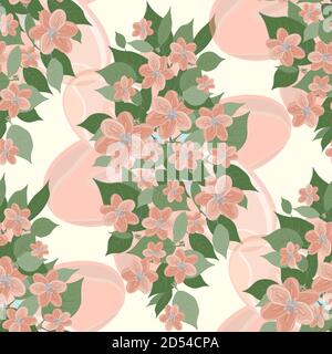 Blühender Zweig mit Blättern nahtloses Muster. Zarte orange Farbe und weichen Hintergrund. Viele von Hand gezeichnete Blumen. Stock Vektor