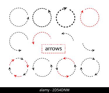 Große Set Kreis Pfeile und Richtungen Zeichen. Dünne runde Linie und Pfeil. Vektor schwarz und rot isoliert auf weißem Hintergrund. Bearbeiten Sie einfach die Dicke von Linien. Stock Vektor