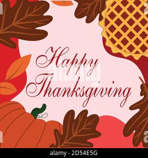 Instagram post mit Happy Thanksgiving. Vektor-Vorlage mit Apfelkuchen und Kürbis mit Eichenblättern Stock Vektor