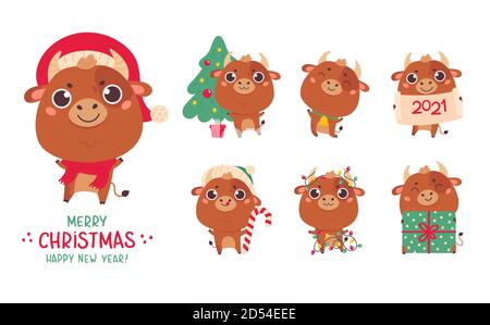 Set von niedlichen Cartoon Ochse und Kühe.Frohes neues Jahr Stock Vektor