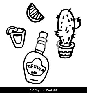 Tequila und Kaktus-Symbole auf weißem, isoliertem Hintergrund. Tag der Toten Symbol für Einladung oder Geschenkkarte, Notebook, Bad Fliesen, Scrapbook Phone Case oder Stock Vektor