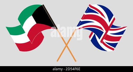 Gekreuzte und winkende Flaggen von Kuwait und Großbritannien. Vektorgrafik Stock Vektor