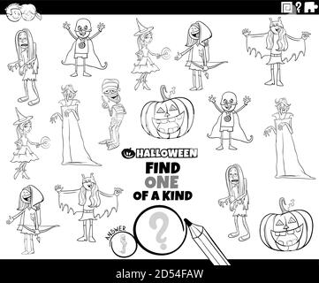 Schwarz-Weiß-Cartoon Illustration von Finden Sie eine von einem Kind Bild Educational Game mit Comic Halloween Urlaub Zeichen Färbung Buchseite Stock Vektor