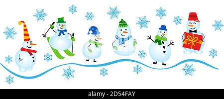 Stellen Sie Symbole von verschiedenen Schneemann. Schneemann mit einem Geschenk, auf Skiern, in einem Schal und Hut, Schneeflocken und einem Pfad.Vektor flache Illustration isoliert auf weißem Hintergrund. Stock Vektor