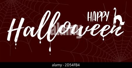 Schriftzug Happy Halloween mit Grunge Dekoration. Abstrakt orange Halloween Hintergrund mit großen Mond, schwarze Spinnen, Spinnweben und fliegende Fledermäuse Stock Vektor