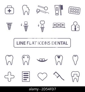 Zahnarztsymbole Eingestellt. Sammlung Dünne schwarze Linien Symbol. Linearer Stil von Symbolen. Vektorgrafik. Stock Vektor