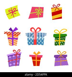Großes Set mit bunten Geschenken. Geschenk-Box-Symbole im flachen Stil, kann für Karten für Neujahr oder Geburtstag verwendet werden. Vektorgrafik. Stock Vektor