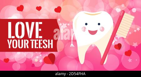 Leuchtendes rotes Banner - Liebe deine Zähne. Ein gesunder lächelnder Zahncharakter mit einer Zahnbürste in den Händen. Vektorgrafik Stock Vektor