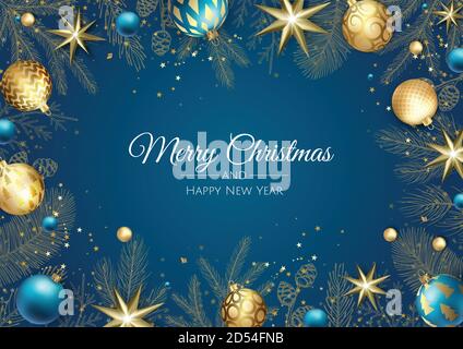 Frohe Weihnachten und Frohes neues Jahr. Weihnachten Hintergrund mit Sternen, Schneeflocken, Stern und Kugeln Design. Stock Vektor
