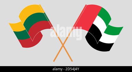 Gekreuzte Flaggen von Litauen und den Vereinigten Arabischen Emiraten. Offizielle Farben. Korrektes Verhältnis. Vektorgrafik Stock Vektor