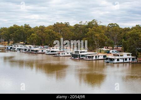 Hausboote liegen auf der NSW-Seite des Murray Flusses dazwischen Victoria und New South Wales in Australien Stockfoto