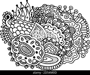 Surreal Doodle Mandala zum ausmalen für Erwachsene. Malseite mit floralen abstrakten Motiven. Psychedelische Textur. Zentangle-Muster. Vektor Stock Vektor