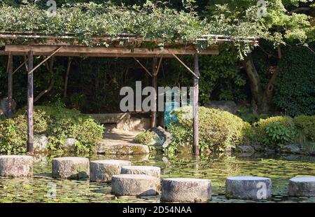 Garyu Brücke durch den Soryu-ike Teich bedeckt mit Seerosen und Pavillon im mittleren (Naka Shin-en) Garten des Heian-jingu Schrein. Kyoto. Japan Stockfoto