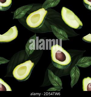 Nahtloses Muster mit Avocado und Blättern. Keto Diät Handzeichnung. Bio-Lebensmittel. Dekorative Elemente für Textil, Geschenkpapier oder Notizbücher. Stockfoto