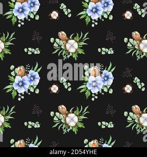 Nahtloses Muster aus Anemone mit Eukalyptus und Baumwollblumen für Stoff, Hochzeitseinladung, Kartenhintergründe auf schwarz Stockfoto