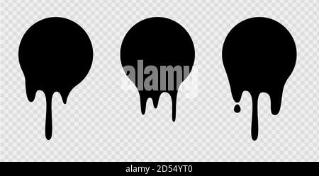 Aufklebern zum Schmelzen von Tropf oder Kreisetiketten. Vektor flüssige Tropfen Symbole für Graffiti Blob Aufkleber. Schwarze Flüssigkeit oder geschmolzene Schokolade tropft, aktuelle Farbe Stock Vektor