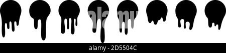 Aufklebern zum Schmelzen von Tropf oder Kreisetiketten. Vektor flüssige Tropfen Symbole für Graffiti Blob Aufkleber. Schwarze Flüssigkeit oder geschmolzene Schokolade tropft, aktuelle Farbe Stock Vektor