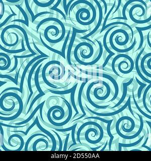 Nahtlose Vektorstruktur von fließenden blauen Pinselstrichen von Spiralen und Locken auf türkisfarbenem Hintergrund. Meer oder Ozean Muster stilisierte Wellen oder Wellen Stock Vektor